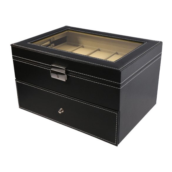 Óratartó doboz, 20 rekeszes, kívűl fekete műbőr borítás, belűl szürke textíl 