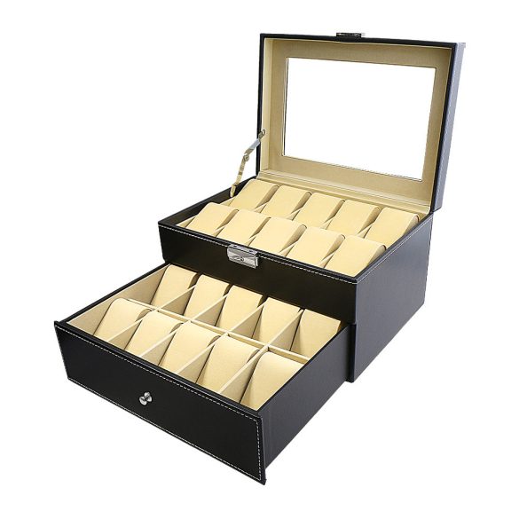 Óratartó doboz, 20 rekeszes, kívűl fekete műbőr borítás, belűl szürke textíl 