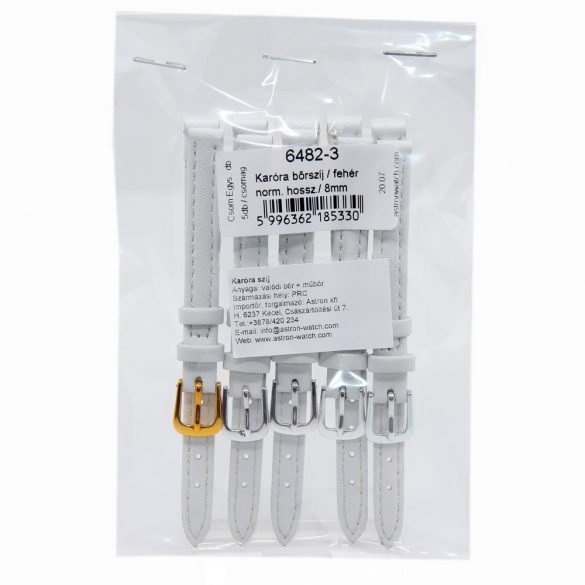 Karóra szíj, műbőr, fehér színű, 65+105/8 mm