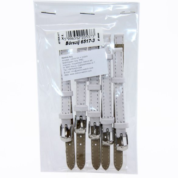 Karóra szíj, fehér ezüst bőrszíj, 75+115/8 mm XL