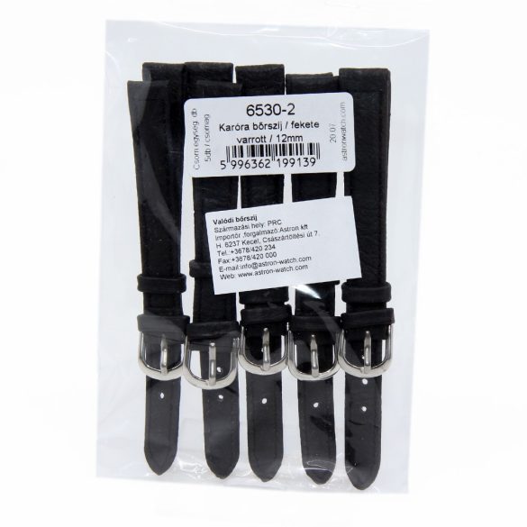 Karóra bőrszíj, fekete ezüst színű, 65+105 mm/12 mm