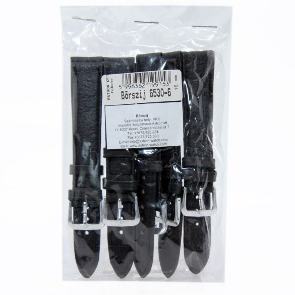 Karóra bőrszíj, fekete ezüst, 75+115 mm/16 mm