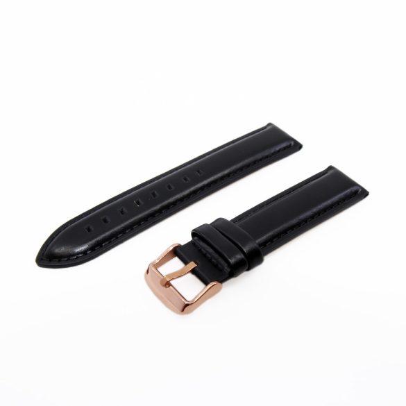 Karóra bőrszíj,fekete színű, rózsaarany színű zár, varrott szélű, bélelt, 75+115 mm/20 mm