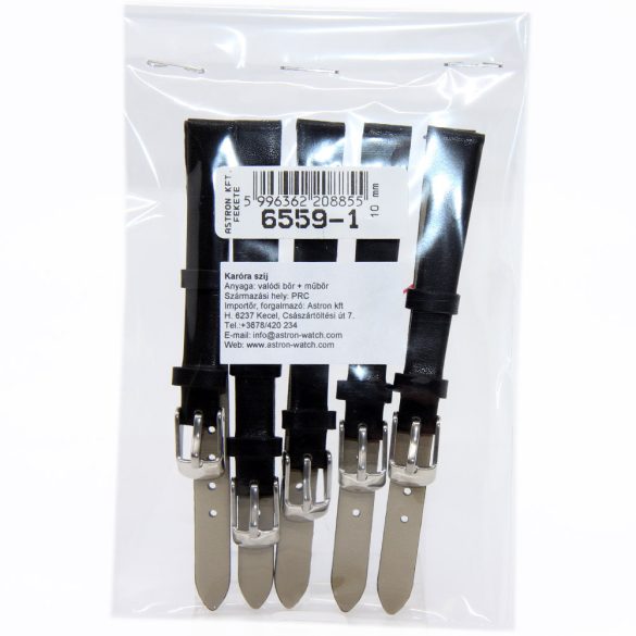 Karóra szíj, varrás nélküli, fekete színű bőrszíj, mérete 65+105/10 mm