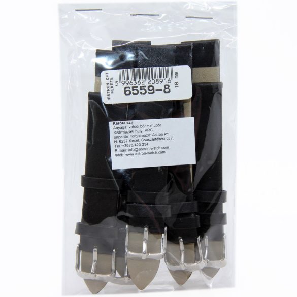 Karóra szíj, varrás nélküli, fekete színű bőrszíj, mérete 75+115/18 mm