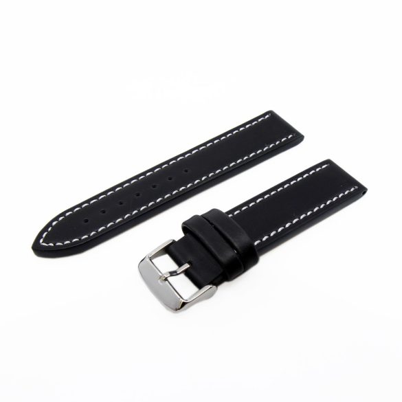 Karóra bőrszíj, varrott dizájn, fekete ezüst színű, 75+115 mm/20 mm