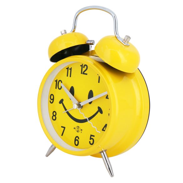 Merion fém ébresztőóra, quartz, sárga színű tok, smiley figurás számlap