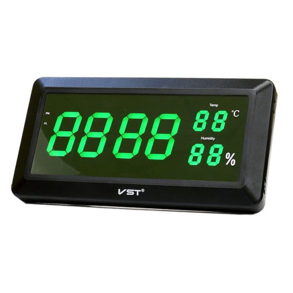 Hálózati falióra, fekete színű műanyag tok, zöld színű LED kijelzés