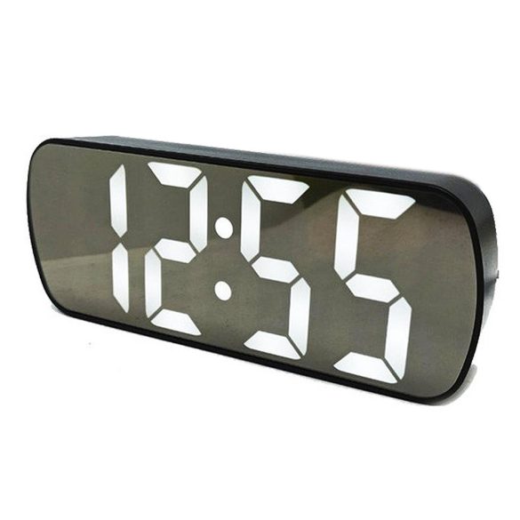 Hálózati asztali óra, tükrös előlappal, fekete tok, fehér LED számokkal