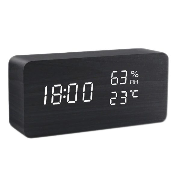 Asztali óra, fekete színű fa tok, fehér színű LED kijelzés