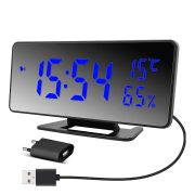 Hálózati asztali óra, tükrös előlappal, fekete színű műanyag tok, kék LED számokkal Hálózati asztali óra, tükrös előlappal, fekete színű műanyag tok, kék LED számokkal