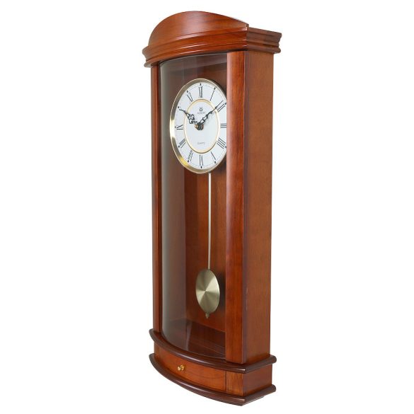 Merion ingás fa falióra, quartz, hangjelzés nélküli, tölgy színű tok, fehér római számos számlap, domború üveges