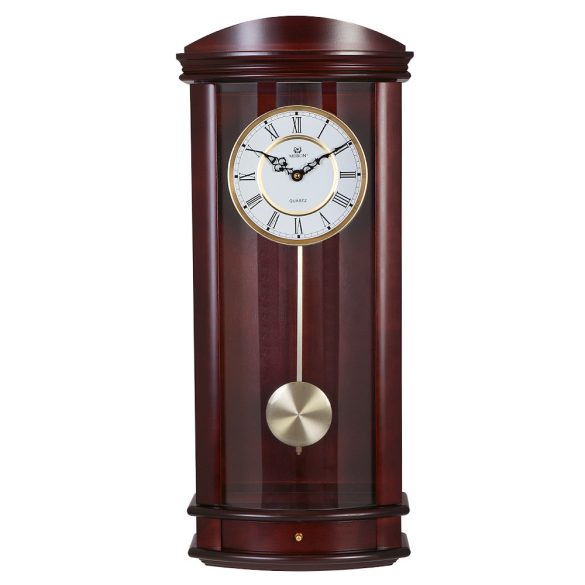 Merion ingás fa falióra, quartz, hangjelzés nélküli, mahagóni színű tok, fehér római számos számlap, domború üveges