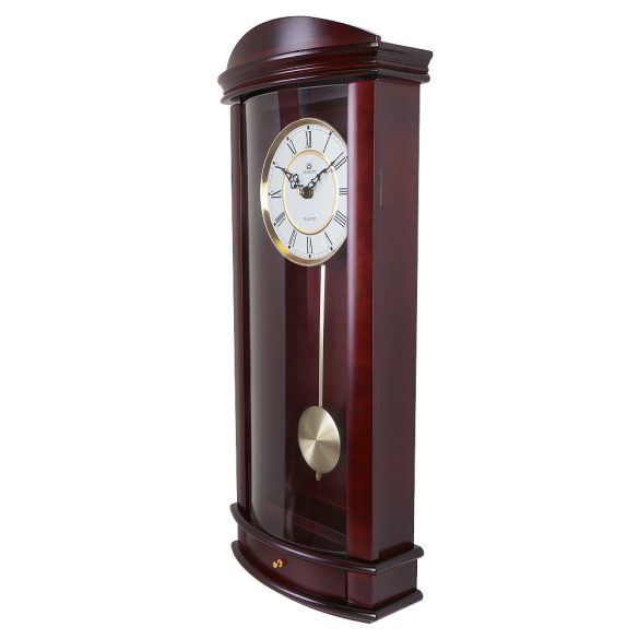 Merion ingás fa falióra, quartz, hangjelzés nélküli, mahagóni színű tok, fehér római számos számlap, domború üveges