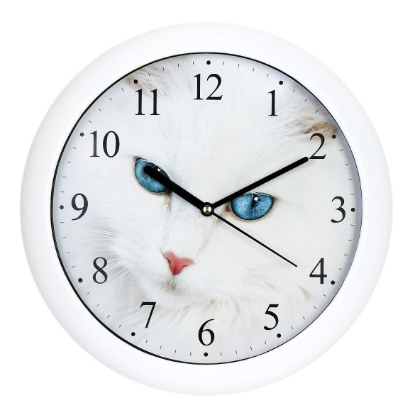 Falióra, quartz, fehér színű műanyag tok, sweep (halk járású), cicás számlap