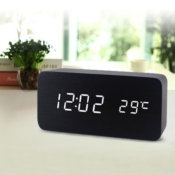 Ceas de masă din lemn negru, cu LED alb