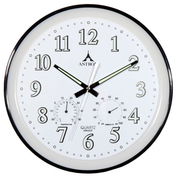 Astron 6843-7 ceas de perete silențios, quartz, negru cu termometru și higrometru