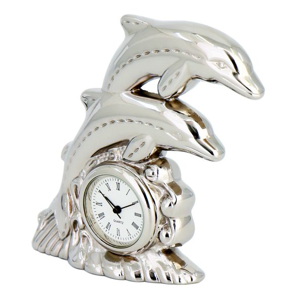 Fém asztali óra, quartz, ezüst színű tok, fehér római számos számlap (delfin)