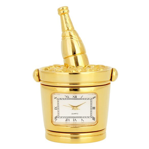 Fém asztali óra, quartz, arany színű tok, fehér római számos számlap (pezsgő)