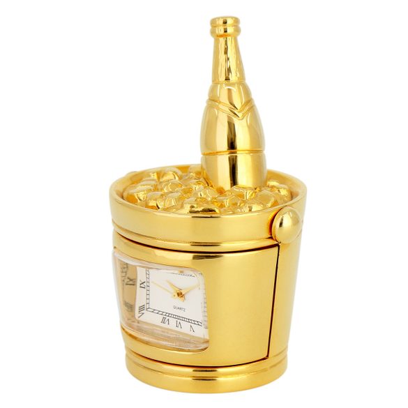 Fém asztali óra, quartz, arany színű tok, fehér római számos számlap (pezsgő)