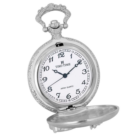 Tiko Time zsebóra, motor mintás ezüst színű fémtok, arab számos / fehér színű számlap