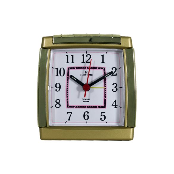 Ceas deșteptător Tiko Time, mecanism silențios (sweep), carcasă aurie, cadran alb, iluminat, funcție snooze