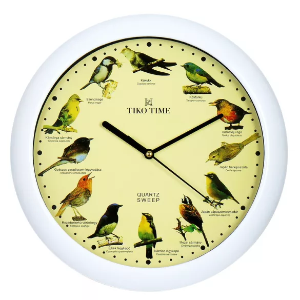 7602-1 Tiko Time ceas de perete, quartz, alb, cu sunete de păsări