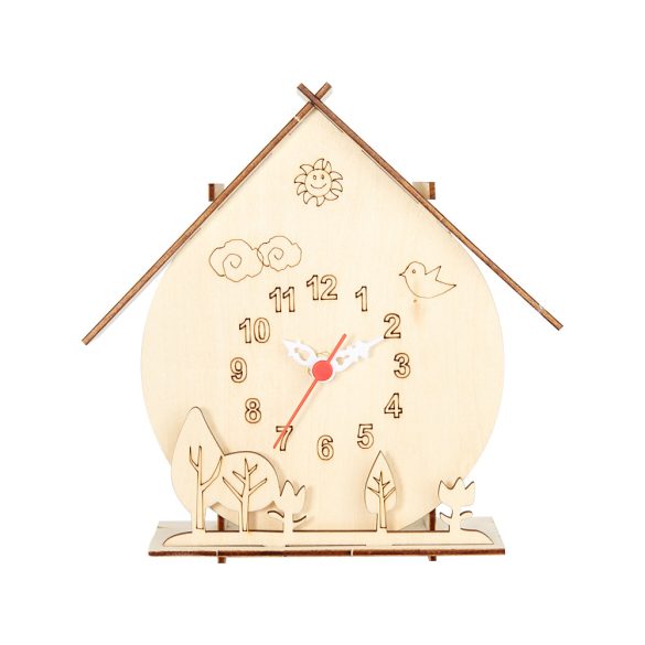 Ceas de masă creativ (do it yourself), din lemn, formă de căsuță, culoare lemn natur
