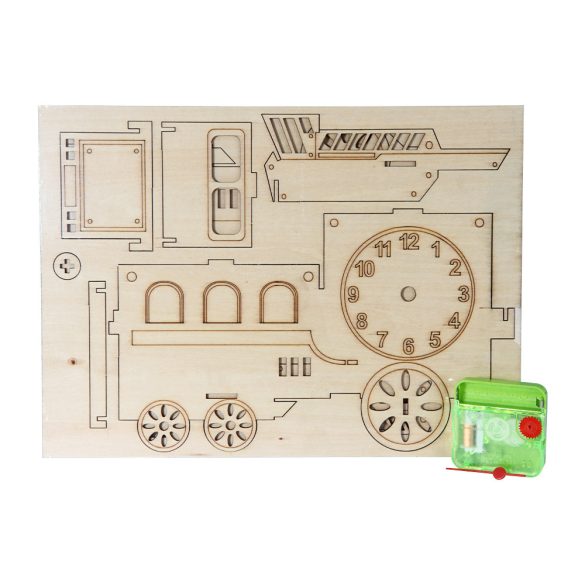 Ceas de masă creativ (do it yourself), din lemn, formă de locomotivă, culoare lemn natur