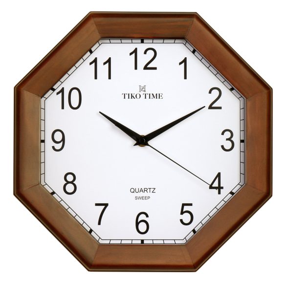 Tiko Time fa falióra, quartz, sweep (halk járású) szerkezet, nyolcszög alakú 30 cm, tölgy színű tok, fehér arab számos számlap