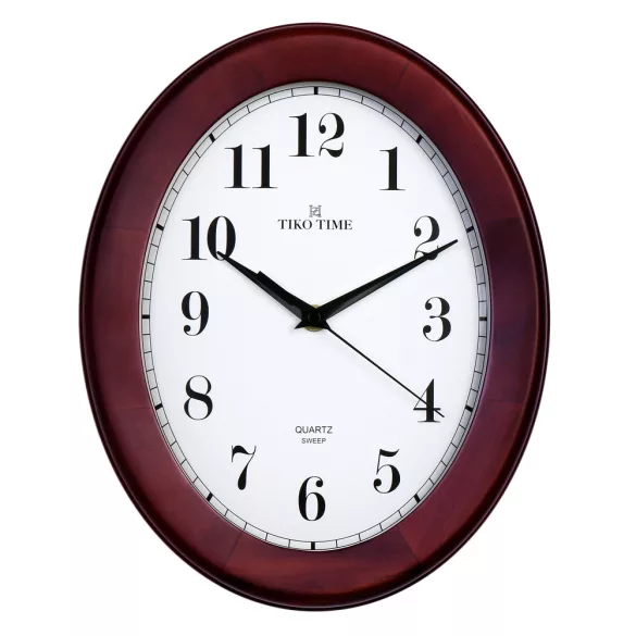 Tiko Time fa falióra, quartz, sweep (halk járású) szerkezet, ovál alakú 30 cm, mahagóni színű tok, fehér arab számos számlap