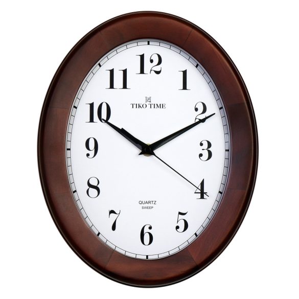 Tiko Time fa falióra, quartz, sweep (halk járású) szerkezet, ovál alakú 30 cm, dió színű tok, fehér arab számos számlap