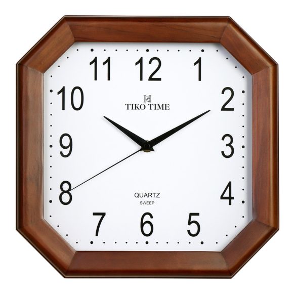 Tiko Time fa falióra, quartz, sweep (halk járású) szerkezet, szögletes alakú 30 cm, tölgy színű tok, fehér arab számos számlap