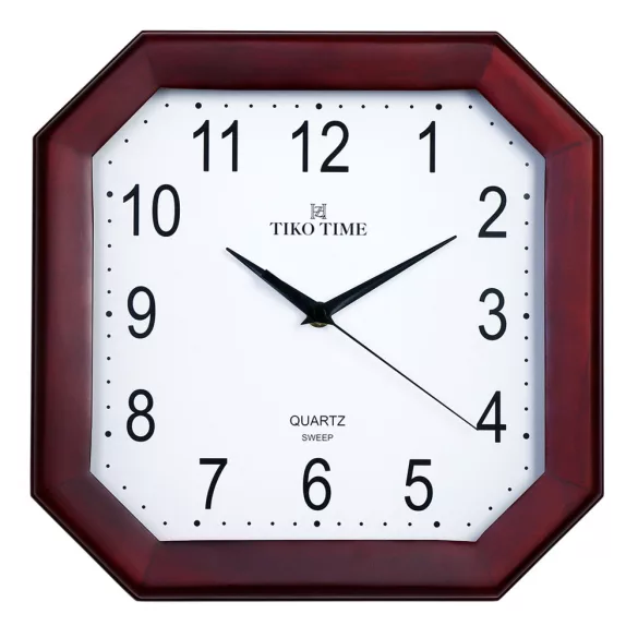 Tiko Time fa falióra, quartz, sweep (halk járású) szerkezet, szögletes alakú 30 cm, mahagóni színű tok, fehér arab számos számlap