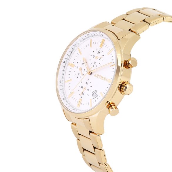 ASTRON 8049-8 férfi karóra, arany színű nemesacél tok és csat, ezüst színű számlap, keményített ásványüveg, multifunkciós, quartz szerkezet, 50 m (5 ATM) vízállóság
