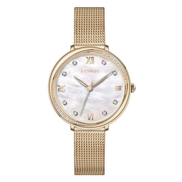 ASTRON 8065-9 női karóra, arany színű nemesacél tok, arany színű milánói csat, fehér számlap, keményített ásványüveg, quartz szerkezet, WR 50M vízállóság